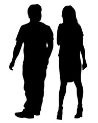 Young man and woman are standing next to each other. Isolated silhouette on a white background