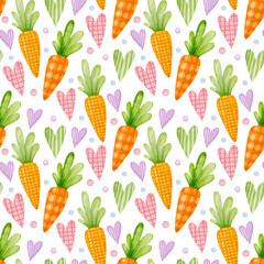 Happy easter watercolor seamless pattern. Carrots, hearts on a white background.