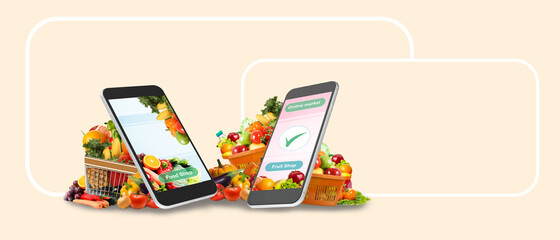 Delivery Shopping Food Ordering online for mobile phone and convenient marketing Concept on Yellow, Food delivery, banner, Copy Space- 3d rendering