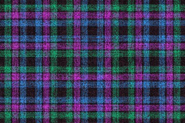 ragged old fabric texture bright pink fuchsia green and blue neon colors on black gingham ornament seamless pattern, textile texture from plaid, tablecloths, shirts, clothes, dresses, bedding, tartan