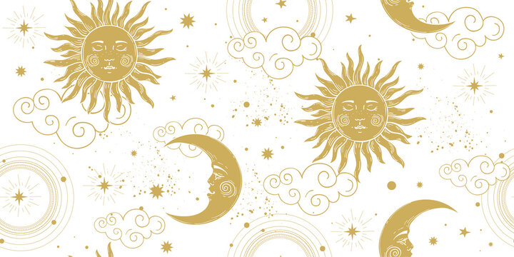 Seamless Patterns Set with Hand Drawn Doodle Line Art Celestial