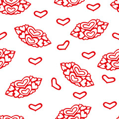 Seamless vector pattern with red lips on the white background