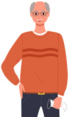 Male character is taking off a mask. Gray-haired man with glasses is posing. Elderly man without medical mask vector illustration isolated on white background. Self-isolation during quarantine