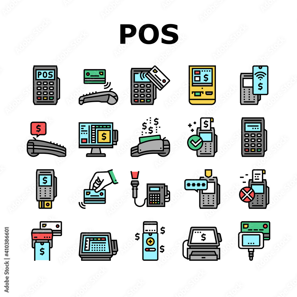Aufkleber pos terminal device collection icons set vector. pos terminal for accept payment by contact and cont