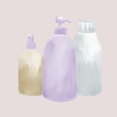 Watercolor illustration of bottles for shampoo, soap, conditioner 