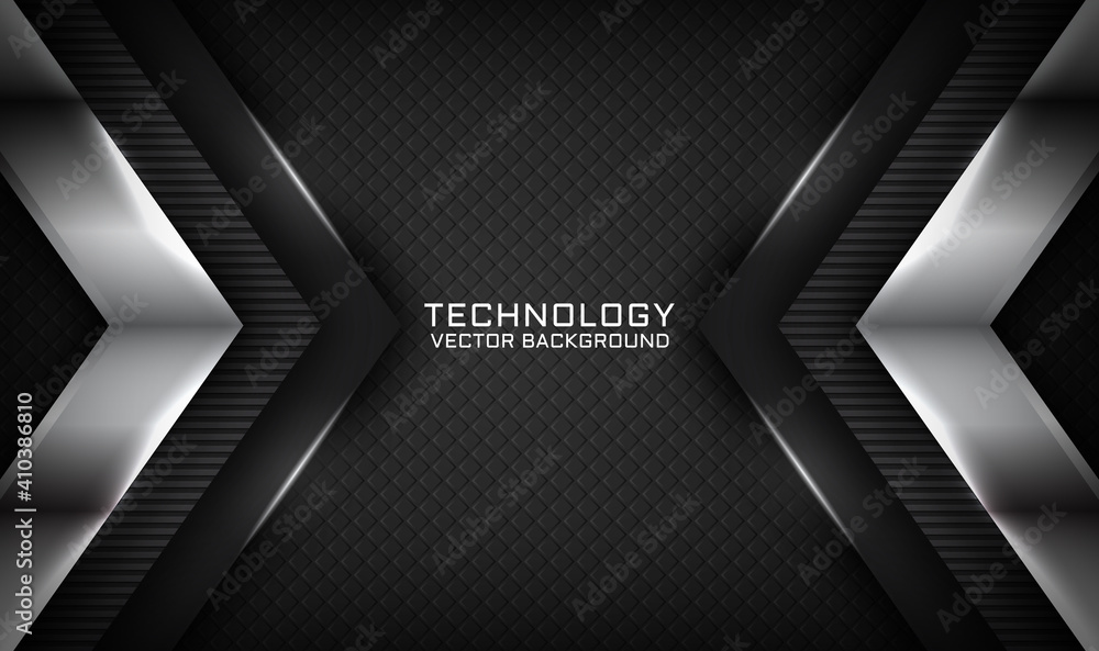Poster abstract 3d black techno background overlap layers on dark space with white light effect decoration.
