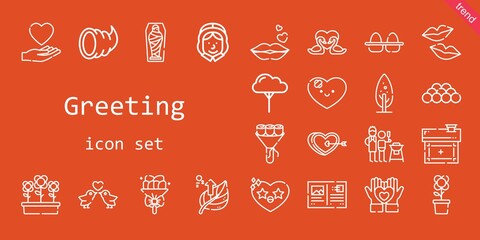 greeting icon set. line icon style. greeting related icons such as love, eggs, father and son, flowers, mummy, tree, bouquet, pilgrim, leaf, kiss, house, heart, swans, flower, ball, love birds