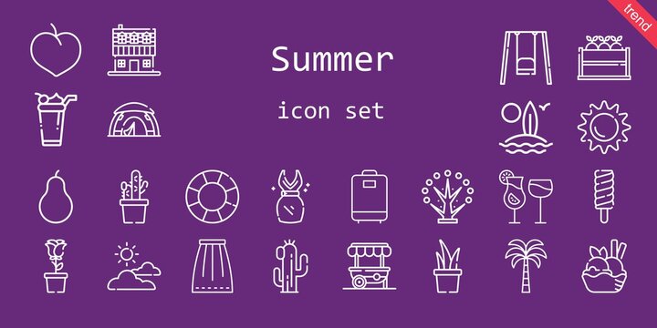 summer icon set. line icon style. summer related icons such as plum, tent, dress, surfboard, cocktails, fruit, tree, float, sun, popsicle, cloudy, farm house, palm tree, food stand, swing
