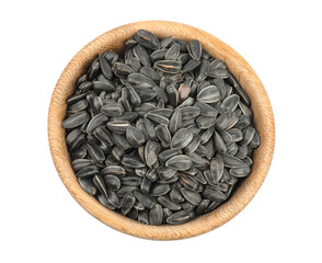Sunflower seeds in bowl isolated on white, top view
