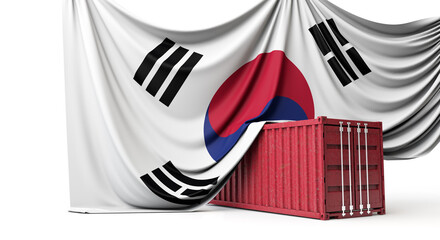 South Korea flag draped over a commercial shipping container. 3D Rendering