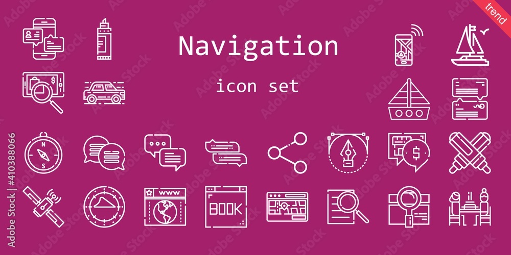 Poster navigation icon set. line icon style. navigation related icons such as searching, boat, pierrade, na