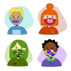 Characters wearing cool custom face masks isolated on white background. Protection from coronavirus, disease, flu, air pollution, contaminated air. Vector flat cartoon style illustration.