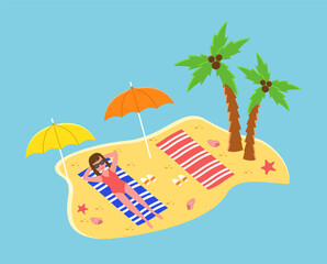 Tropical landscape with tanned girl sunbathing in seashore, enjoying sun. Woman in glasses and swimsuit lies in the sand. Travel to beach resorts during hot seasons. Island surrounded by the ocean