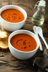 Homemade spicy tomato soup with grilled bread