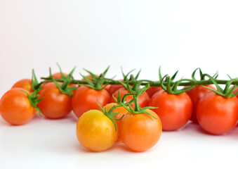 Close up. Small fresh and beneficial branch tomatoes. White background.