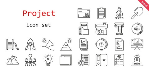 project icon set. line icon style. project related icons such as idea, rocket, shovel, graphic design, user experience, clipboard, planning, file, folder, mortgage, task, startup, slide, percentage