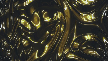 Dark yellow gold metallic texture with moving ripples and deep shadows. Trendy reflection flow in 3d rendering holographic abstract background 4K video.
