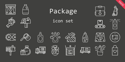 package icon set. line icon style. package related icons such as gift, conveyor, package, bag, delivery truck, first aid kit, perfume, detergent, shopping bag, mailbox, hairspray, mail truck, unboxing