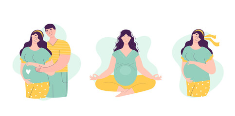 Set of Beautiful young pregnant women with man. The concept of happy motherhood, family, love. Vector illustration in flat style on white background.