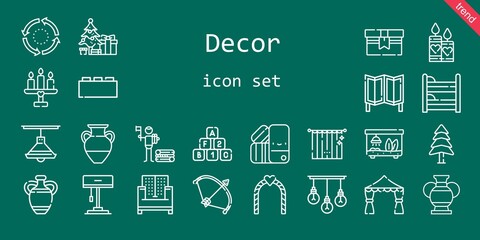 decor icon set. line icon style. decor related icons such as bricks, sofa, pine, room divider, curtains, christmas tree, vase, lamp, candles, pantone, terrarium, bow, wedding arch, repeat