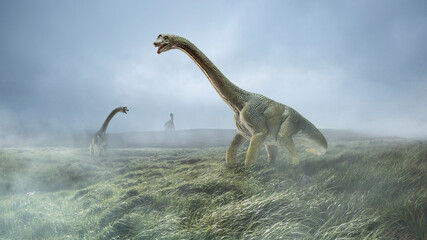 Dinosaurs huge higth walking through the jungle, foggy mountains. Evolution and paleontology, wild nature, wildlife before birth of humanity. Look scary, powerful, unstopped hunters. Jurassic scene.