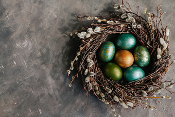 Gold and green Easter eggs in a willow wreath on a dark gray background copy space. © Марина Красавина