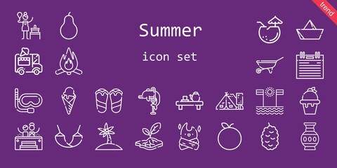 Obraz premium summer icon set. line icon style. summer related icons such as ice cream car, tent, wheelbarrow, dolphin, berry, jacuzzi, tangerine, birch, snorkel, vase, agenda, coconut, tea, palm tree, pear