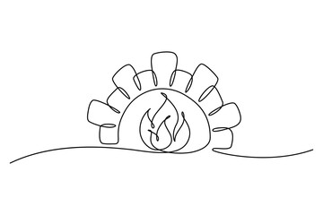 Fire in wood-burning stove in continuous line art drawing style. Fireplace minimalist black linear sketch isolated on white background. Vector illustration