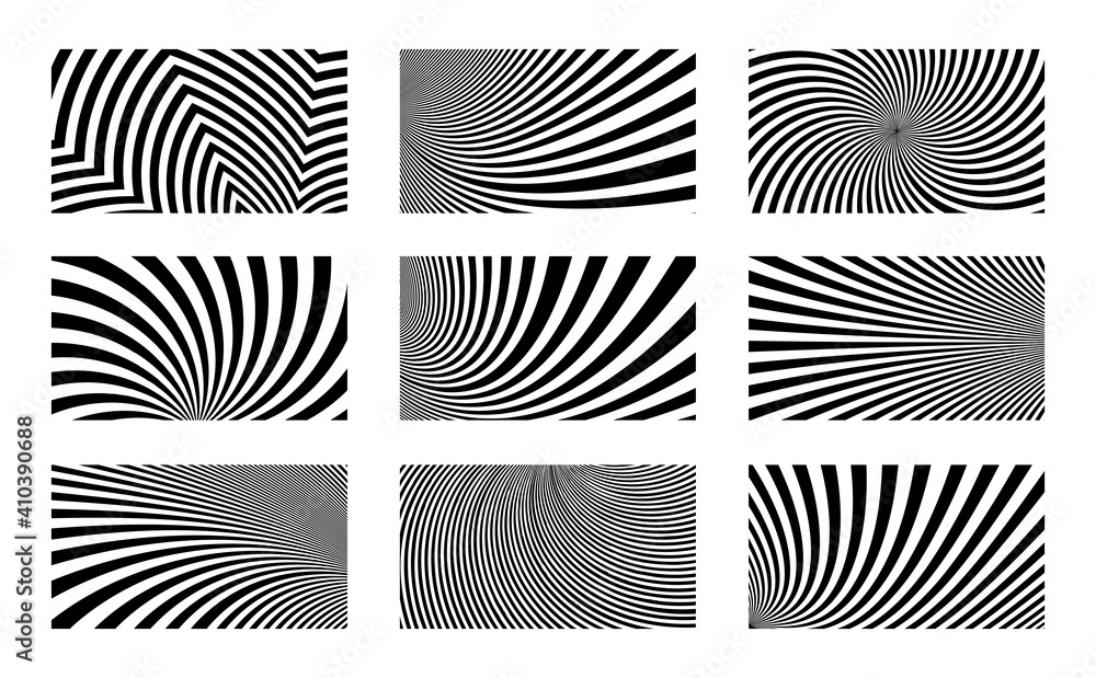 Aufkleber Set of Optical Illusion Backgrounds. Geometric pattern with stripes. Distorted lines. Op art vector design
