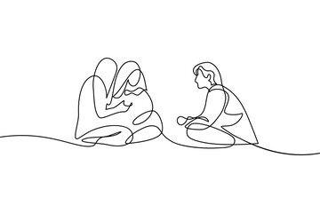 Young people communicate in casual settings. Friends rest and talking. Continuous line art drawing style. Minimalist black linear design isolated on white background. Vector illustration © GarkushaArt