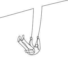 Man swinging on a swing in continuous line art drawing style. Black linear sketch isolated on white background. Vector illustration © GarkushaArt