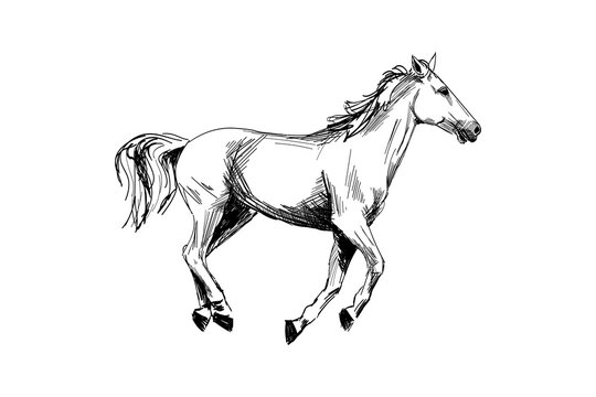 Horse hand drawn sketch. Running horse black graphic sketch isolated on white background. Vector illustration