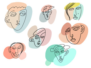 Face line art. One line man and woman portrait, creative freehand composition in contemporary abstract style with colorful geometric elements. Beauty fashion female young face. Tempura design for