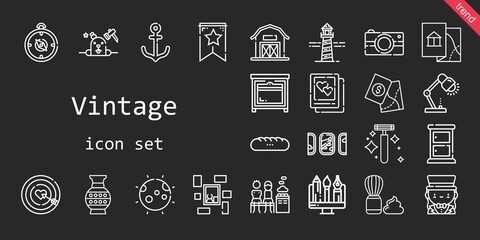 vintage icon set. line icon style. vintage related icons such as shaving brush, lighthouse, oven, banner, lamp, vase, windows, photo camera, dart board, picture, phantom, moon, baguettes, barn