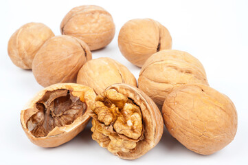 Group of walnuts on white background