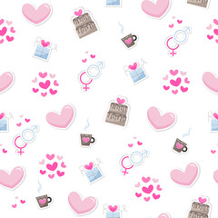 Valentine's day elements abstract background. Set of cute hand drawn icons about love isolated on white background in delicate shades of colors. Pattern Happy Valentine's Day .