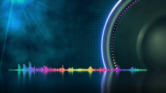 Music bass speaker with effect neon audio equalizer with smoke background. 4K UHD video animation loop.