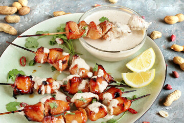 Chicken Satay  with peanut sauce. Grilled chicken skewers served with peanut dipping sauce.
 Traditional Malaysian and Indonesian food.  