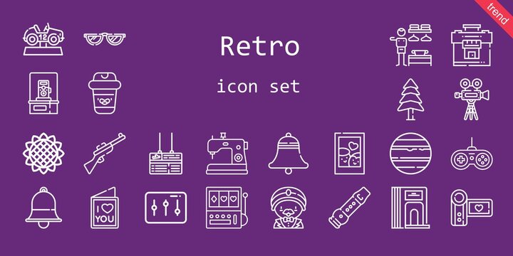 retro icon set. line icon style. retro related icons such as suitcase, pine, sewing machine, video camera, camcorder, bell, photo camera, picture, sunflower, flute, glasses, venus, dressing room