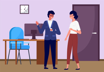 Businessmen office workers, friendly communication at workplace. Man and woman cartoon characters. Employees standing and talking together. Company staff cooperation, business project planning