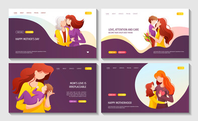 Set of web pages with moms with their child. Motherhood, Parenthood, Childhood, Mother's Day Happy family concept. Vector illustration for website, poster, banner.