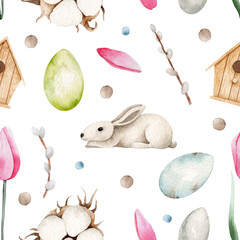 Watercolor seamless pattern for Easter holiday with tulips and eggs