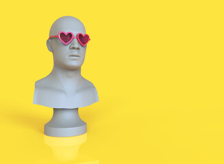 Male mannequin head with pink heart shaped glasses. 3d minimal illustration