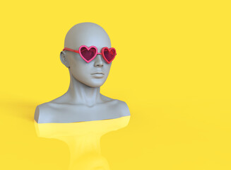 Female mannequin head with pink heart shaped glasses. 3d minimal illustration