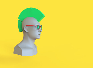 Male mannequin head with green hair mohawk. 3d render minimal illustration
