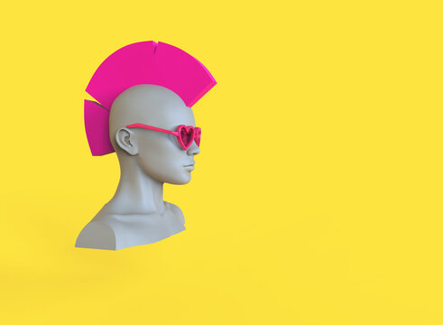 Female Mannequin Head With Pink Hair Mohawk. 3d Render Minimal Illustration