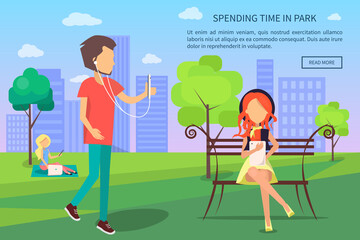 Spending time in park web banner. Woman listening to music sitting on bench, boy walking nearby with gadget and watching movie vector illustration