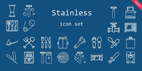 Fototapeta na wymiar stainless icon set. line icon style. stainless related icons such as safety pin, cutlery, bottle opener, hip flask, knife, fork, shaver, elevator, jigger, spoon, ice cream machine, razor