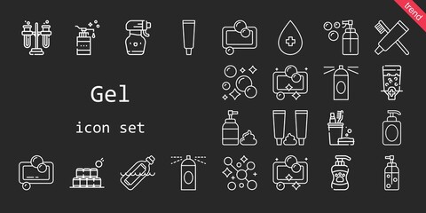 gel icon set. line icon style. gel related icons such as alcohol, shampoo, foam, bottles, toothbrush, bottle, dispenser, toothpaste, tooth paste, hairspray, tubes, spray bottle, soap