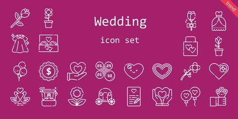 wedding icon set. line icon style. wedding related icons such as dress, wedding dress, flowers, ring, balloon, carriage, ring, gift, balloons, tulip, label, petals, heart